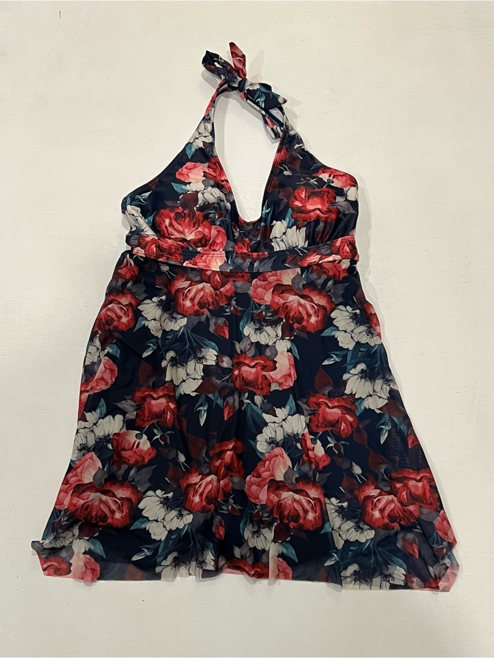 Floral Halter One-Piece Swimdress - Navy with Red Floral